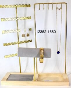 Premium Gold Metal Multi-Purpose Jewellery Display Stand with Wooden Base