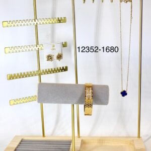 Premium Gold Metal Multi-Purpose Jewellery Display Stand with Wooden Base