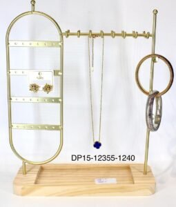 Premium Gold Metal Jewelry Display Stand with Wooden Base