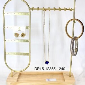 Premium Gold Metal Jewelry Display Stand with Wooden Base