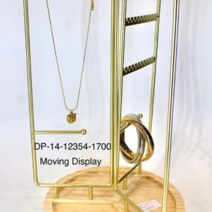 Rotating Gold Metal Jewellery Display Stand with Wooden Base – Necklace, Earrings & Bangles